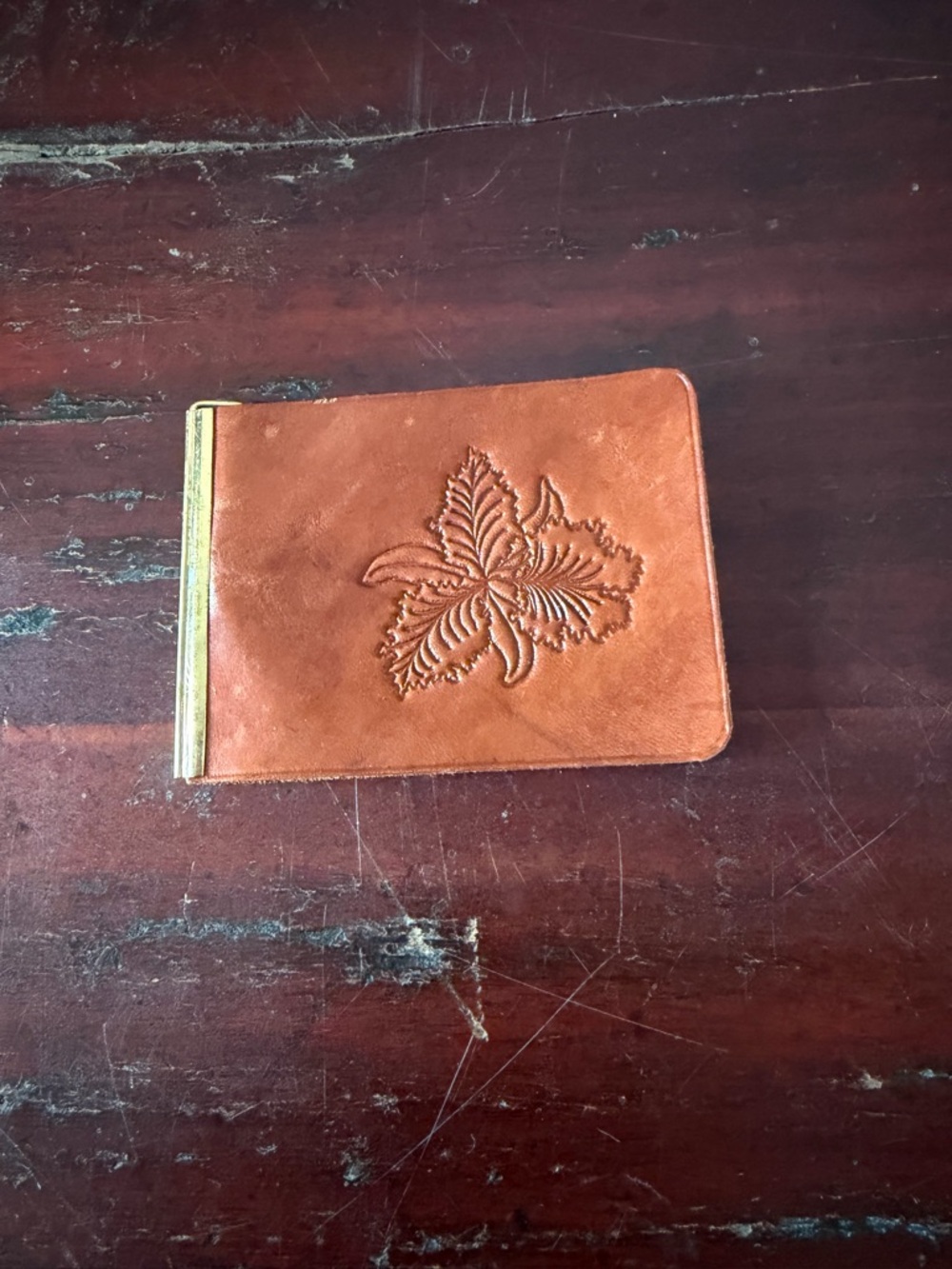 Vintage Hand Tooled Leather Folding Money Clip Wallet with Floral Design